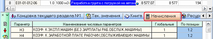 вкладка Начисления